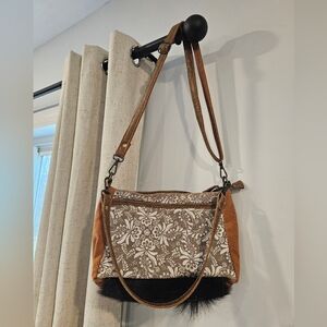 Myra Bag Brown Floral Crossbody with Black Fur Trim